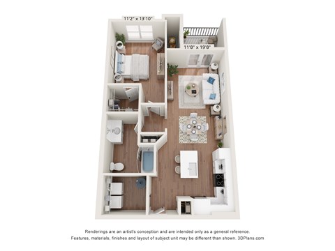 A 3D floor plan of a small apartment with a kitchen, living room, and bathroom.